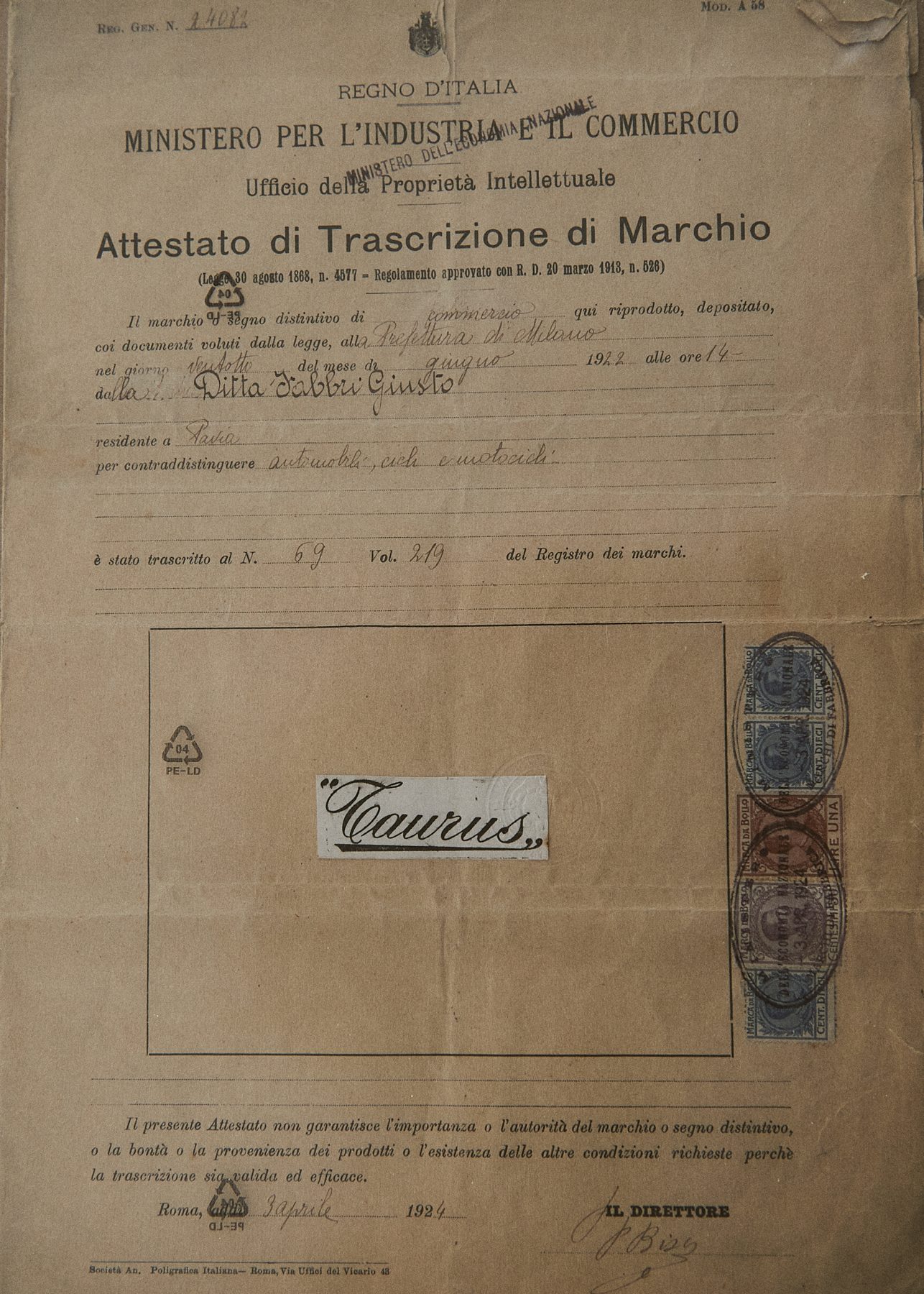 Attestato storico di registrazione del marchio Taurus